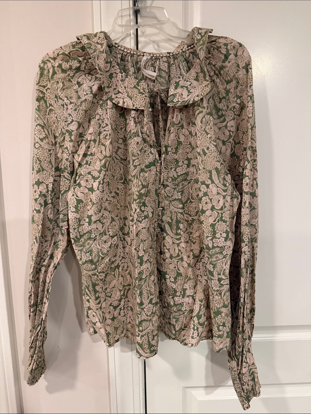 Anthropologie Green and Cream Floral Ruffle-Neck Blouse